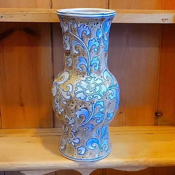 Mann Pottery 12in Vase Blue Brown Scroll Embossed Hexagon Floral - Picture 1 of 4